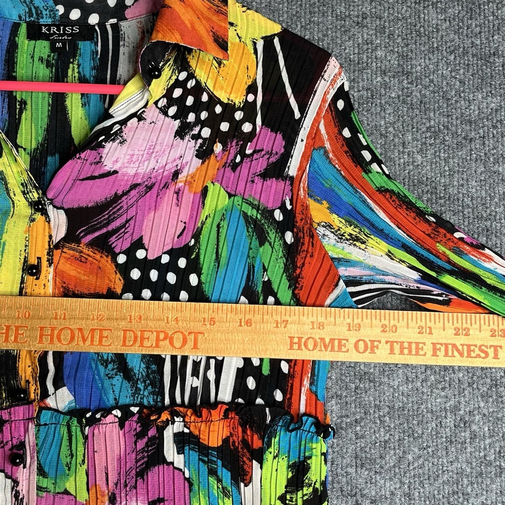 KRISS Sweden Pleated Tunic‎ Top Sz M Multicolor Abstract Vibrant Button Down Y2K - Picture 6 of 7
